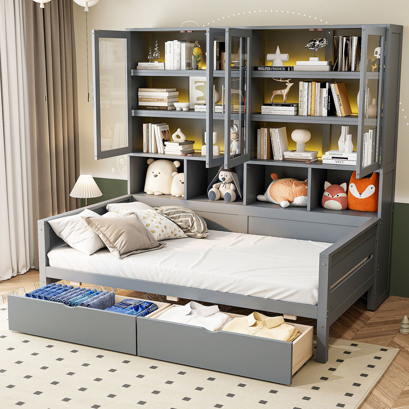 Daybed With Glass Door Storage Cabinets, Built In LED Lighting And Shelves - R&R Furniture Gallery (Fountain Valley, CA)
