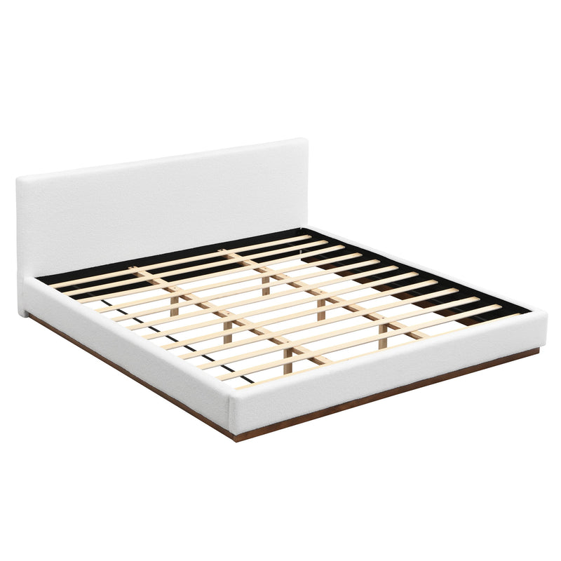 Elegant boucle upholstered bed with wood grain textured solid wood base frame, showcasing a stylish and comfortable bedroom centerpiece.
