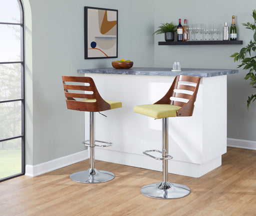 Lumi Source Trevi mid-century modern adjustable barstool with swivel, bar height (28-30 inches), featuring a sleek design and wooden accents.