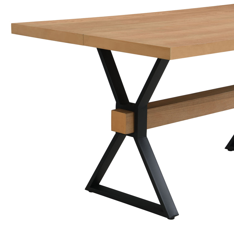 Noble House farmhouse style dining table with X-shaped metal legs and natural wood finish, perfect for rustic dining rooms.