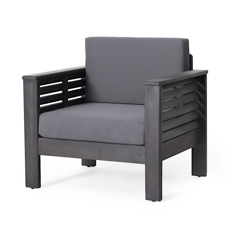 Noble House slat design arm chairs with cushions, stylish club chairs featuring wooden slats and comfortable upholstery.