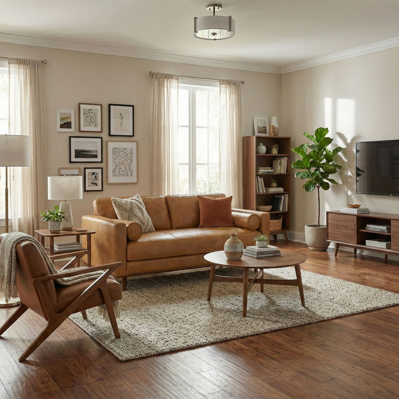Simpli-Home Morrison upholstered stationary sofa with plush fabric and cushioned back, ideal for living room seating.