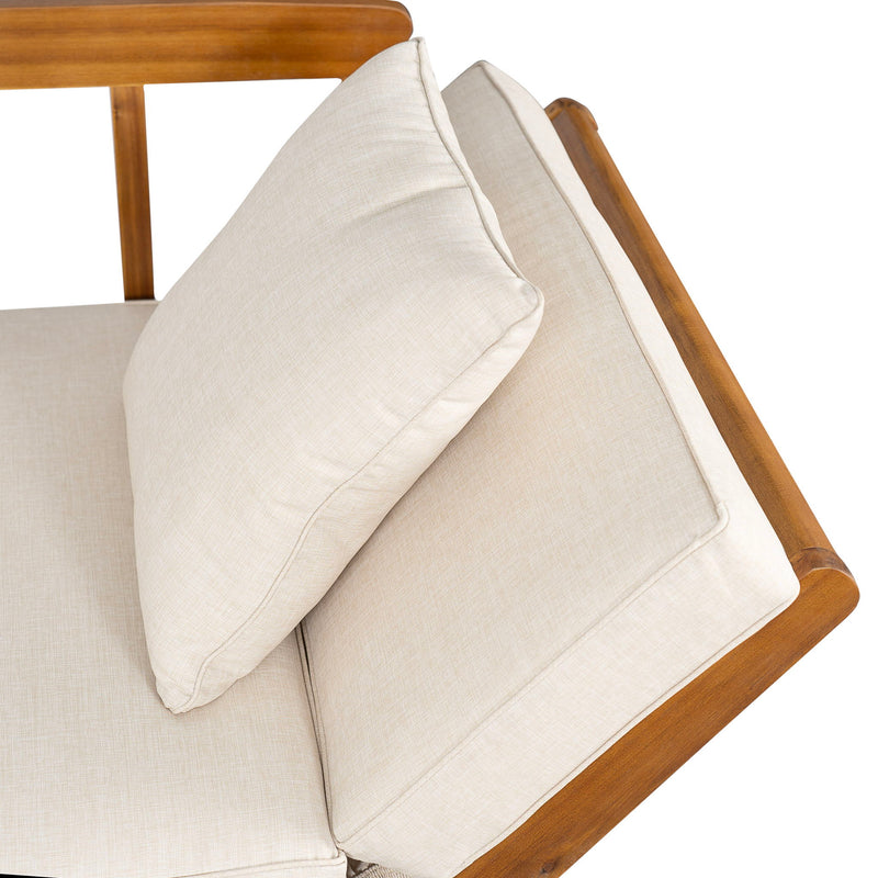 Noble House outdoor patio daybed sofa with three seats, foldable armrests, and four back pillows on a patio setting.