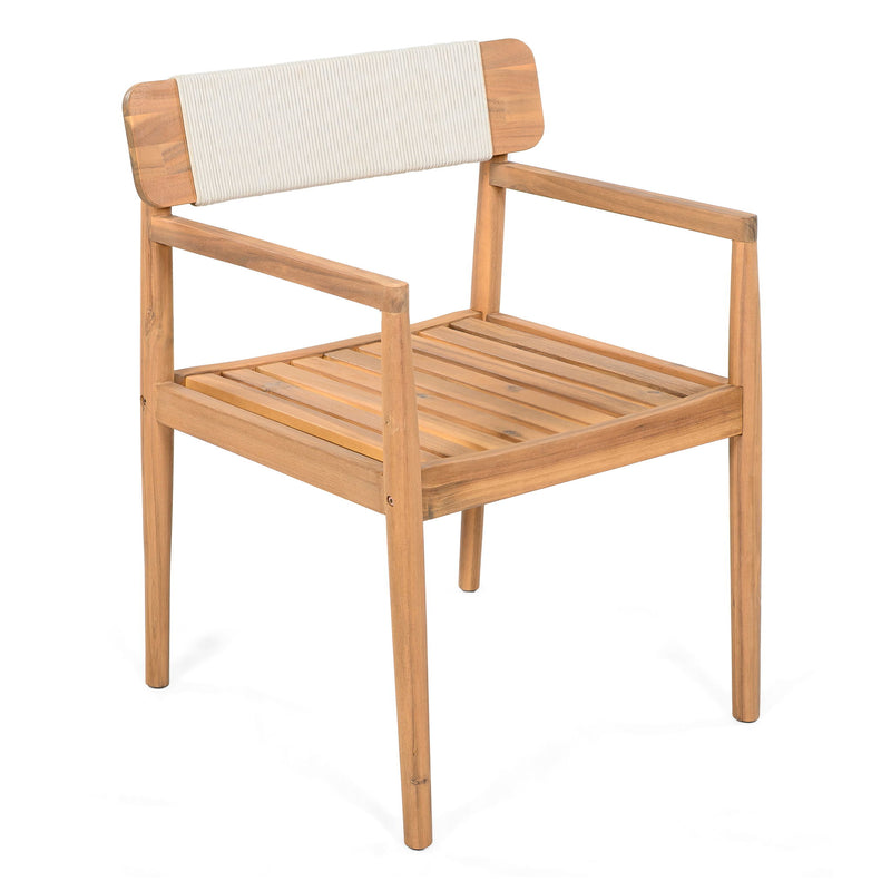 Creative Braided Acacia Wood Outdoor Dining Table And Chairs With Armrests (Set of 2) - Teak / White - R&R Furniture Gallery (Fountain Valley, CA)