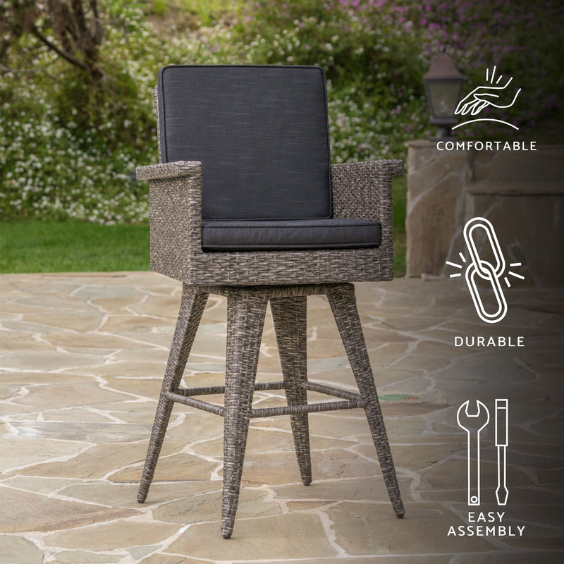 Outdoor Rattan Swivel Barstool With Water Resistant Cushion - Mixed Black / Dark Gray - R&R Furniture Gallery (Fountain Valley, CA)