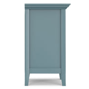 Handcrafted Amherst bedside table by Simpli-Home with a wooden finish, featuring a single drawer and open shelf for bedroom storage.