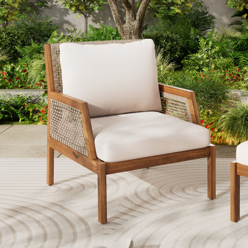 Acacia Wood Patio Furniture Club Chair, Outdoor Wicker Armchair, Deep Seating With Soft Cushions For Porch - Teak / Mix Brown - R&R Furniture Gallery (Fountain Valley, CA)