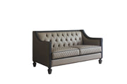 House Beatrice - Loveseat With 3 Pillows - Tan Synthetic Leather , Black Synthetic Leather & Charcoal - R&R Furniture Gallery (Fountain Valley, CA)