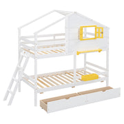 DreamHaus bunk bed with playhouse roof and window, featuring a sturdy wooden frame and fun outdoor-inspired design for kids.