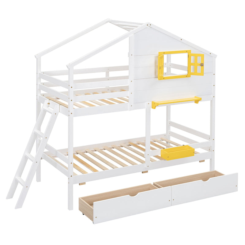 DreamHaus bunk bed with playhouse roof and window, featuring a sturdy wooden frame and fun outdoor-inspired design for kids.