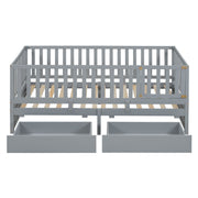 DreamHaus storage daybed with fence guardrails and two drawers, featuring a split design for independent floor bed and daybed.