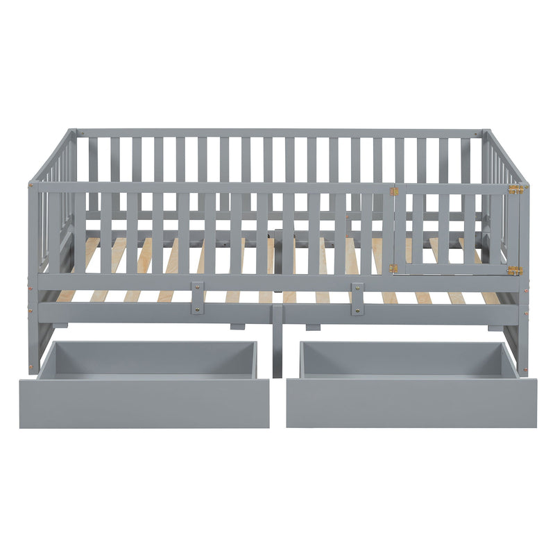DreamHaus storage daybed with fence guardrails and two drawers, featuring a split design for independent floor bed and daybed.