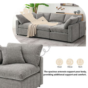Luxe & Co. modern modular cloud sofa bed with six seats, U-shaped sectional couch, and ottoman in a stylish living room setting