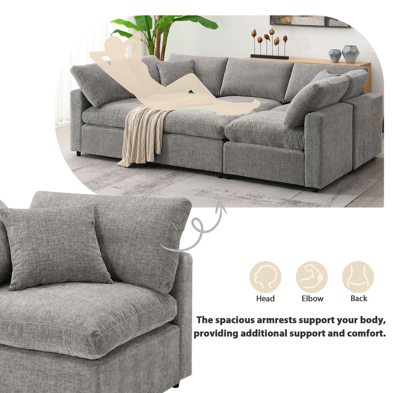 Luxe & Co. modern modular cloud sofa bed with six seats, U-shaped sectional couch, and ottoman in a stylish living room setting