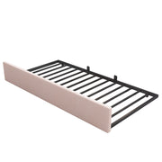 Artistry At Home upholstered daybed with a metal slatted base, featuring plush fabric and a modern, versatile design for relaxing.