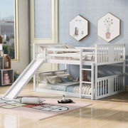 White DreamHaus full over full bunk bed with ladder and slide, showcasing sturdy frame and playful design in a bedroom setting.