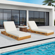 Premium Acacia Wood Lounge Chaise Set With Water Resistant Cushions, Adjustable Recline - Cream / Teak - R&R Furniture Gallery (Fountain Valley, CA)