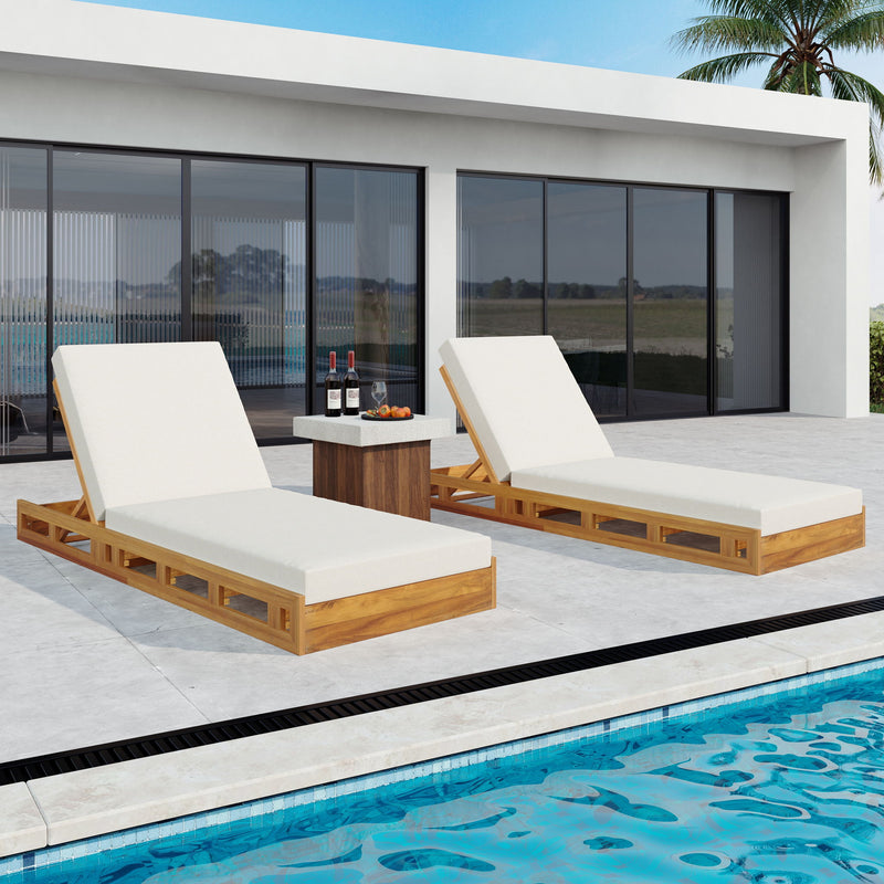 Premium Acacia Wood Lounge Chaise Set With Water Resistant Cushions, Adjustable Recline - Cream / Teak - R&R Furniture Gallery (Fountain Valley, CA)