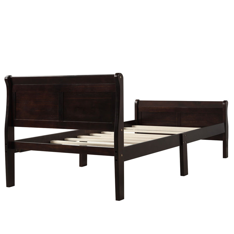 DreamHaus platform bed frame with wood slats, sleigh-style headboard and footboard, sturdy mattress foundation for a modern bedroom.