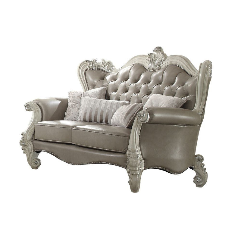 Versailles - Loveseat With 4 Pillows - Vintage Gray Synthetic Leather & Bone White - R&R Furniture Gallery (Fountain Valley, CA)