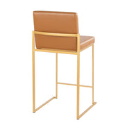 Pair of Lumi Source Fuji contemporary high back barstools with wooden seats and metal frames, set of two for modern bar or counter seating.
