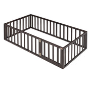 DreamHaus twin size floor bed frame with fence and door in walnut finish, panel bed design suitable for kids or teens.