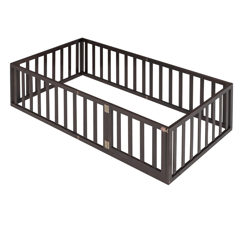DreamHaus twin size floor bed frame with fence and door in walnut finish, panel bed design suitable for kids or teens.