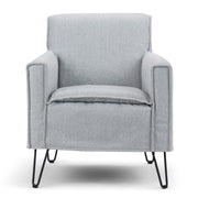 Simpli-Home Warren accent chair with hairpin metal legs, upholstered in neutral fabric, modern and stylish living room seating.