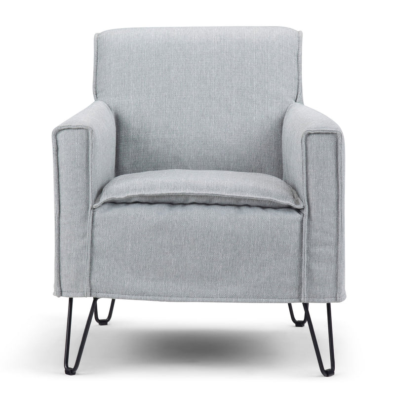 Simpli-Home Warren accent chair with hairpin metal legs, upholstered in neutral fabric, modern and stylish living room seating.