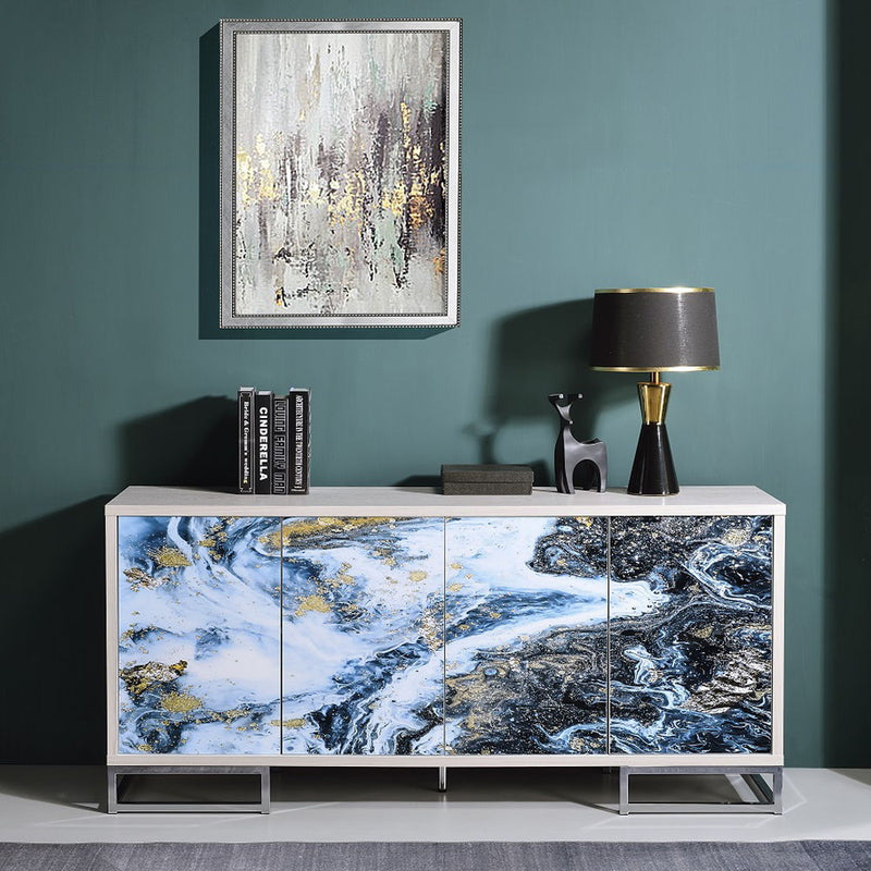 Liam - Console Cabinet - Blue Marble Print & Chrome - R&R Furniture Gallery (Fountain Valley, CA)