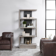 Uttermost Nicasia modern etagere with pearl silver finish, featuring sleek, open shelving and contemporary design.