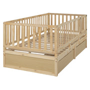 DreamHaus storage daybed with fence guardrails, two drawers, split into floor bed and daybed for versatile bedroom use.