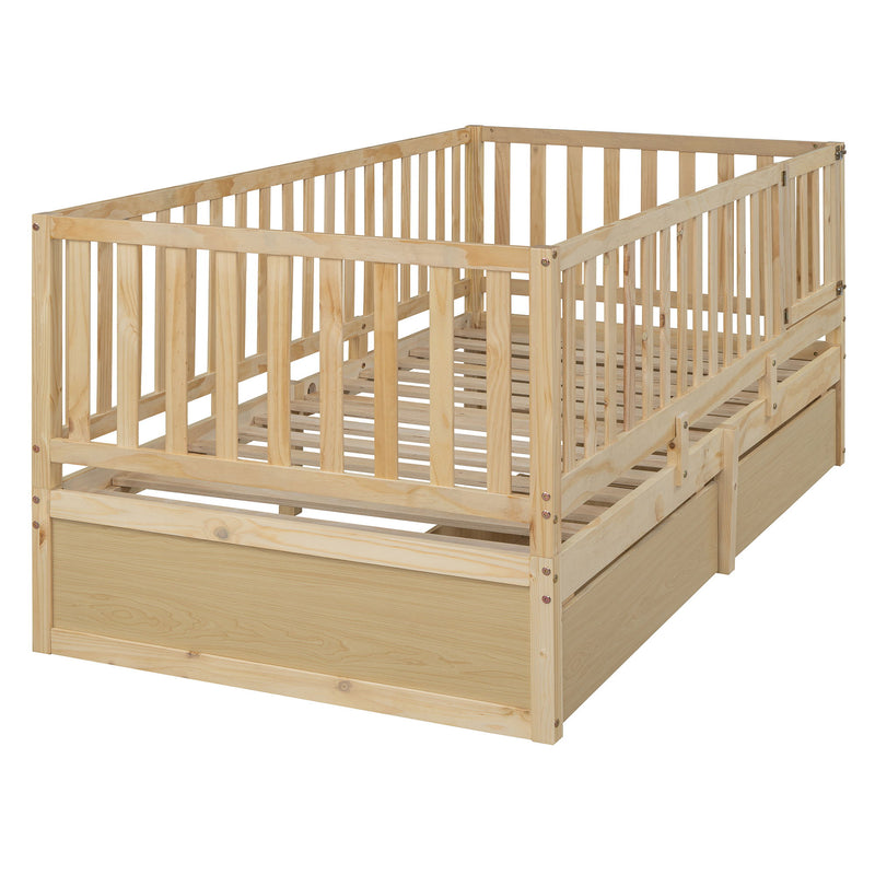 DreamHaus storage daybed with fence guardrails, two drawers, split into floor bed and daybed for versatile bedroom use.