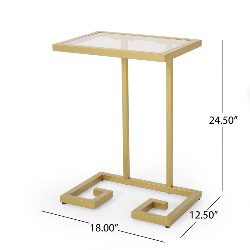 Modern glam gold C-shaped end table with tempered glass top, ideal as a stylish chair side table by Noble House.