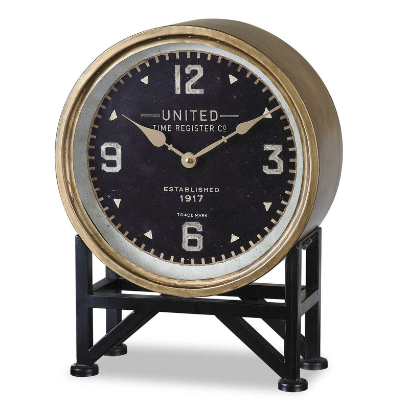 Uttermost Shyam black tabletop clock with modern design and sleek finish, ideal for home or office decor.