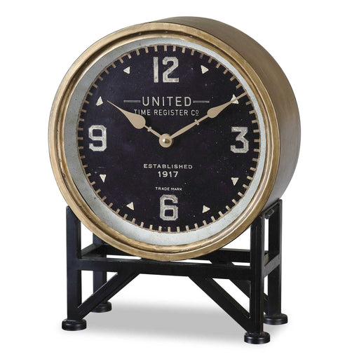 Uttermost Shyam black tabletop clock with modern design and sleek finish, ideal for home or office decor.