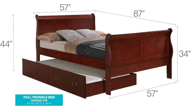 Elegant Glory Furniture trundle bed with classic design, showcasing a wooden frame and stylish details in a cozy bedroom setting.