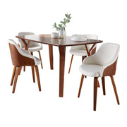 Lumi Source Folia Bacci 5-piece mid-century modern dining set with walnut wood tables and cream upholstered chairs.