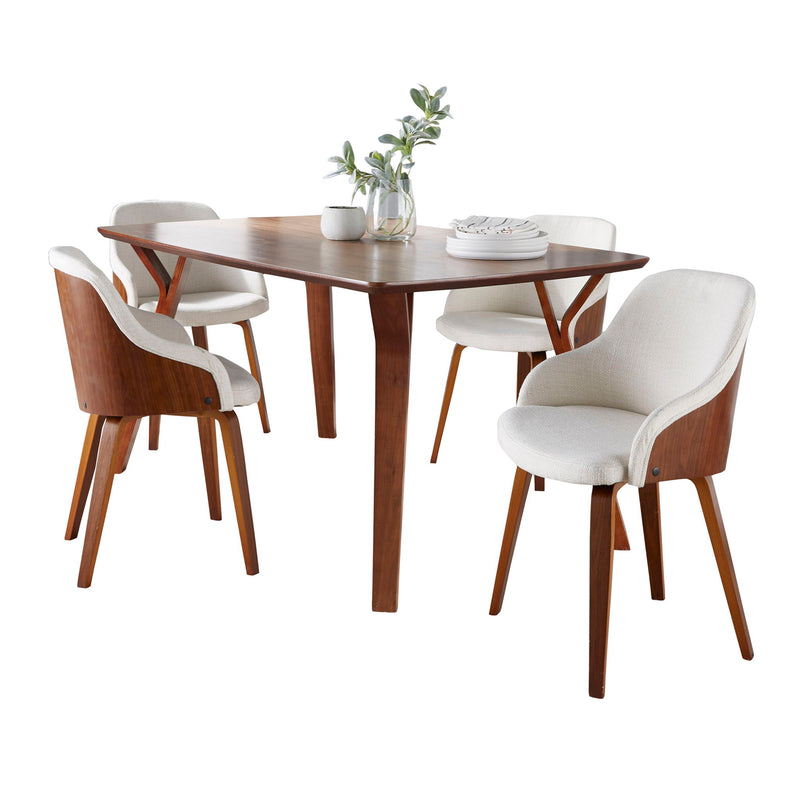 Lumi Source Folia Bacci 5-piece mid-century modern dining set with walnut wood tables and cream upholstered chairs.