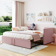Halcyon Home twin size upholstered daybed with pop-up trundle and soft fabric, perfect for versatile guest or lounge space.