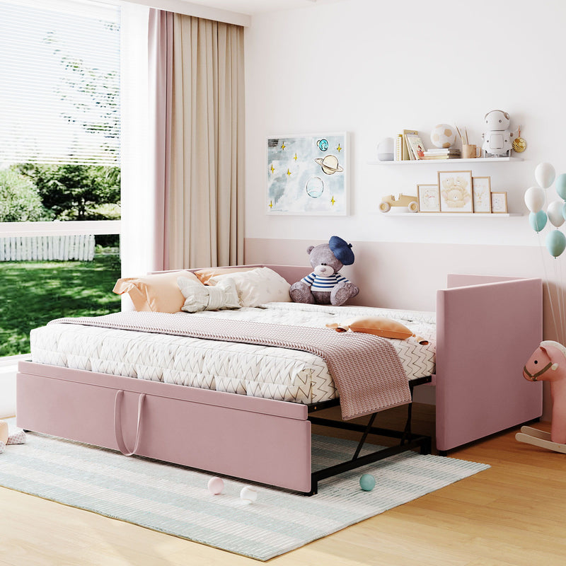 Halcyon Home twin size upholstered daybed with pop-up trundle and soft fabric, perfect for versatile guest or lounge space.