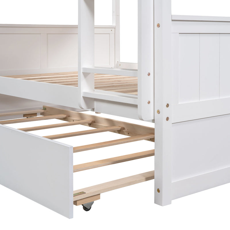 DreamHaus bunk bed with twin size trundle, featuring sturdy wood frame and space-saving design for kids' bedroom.