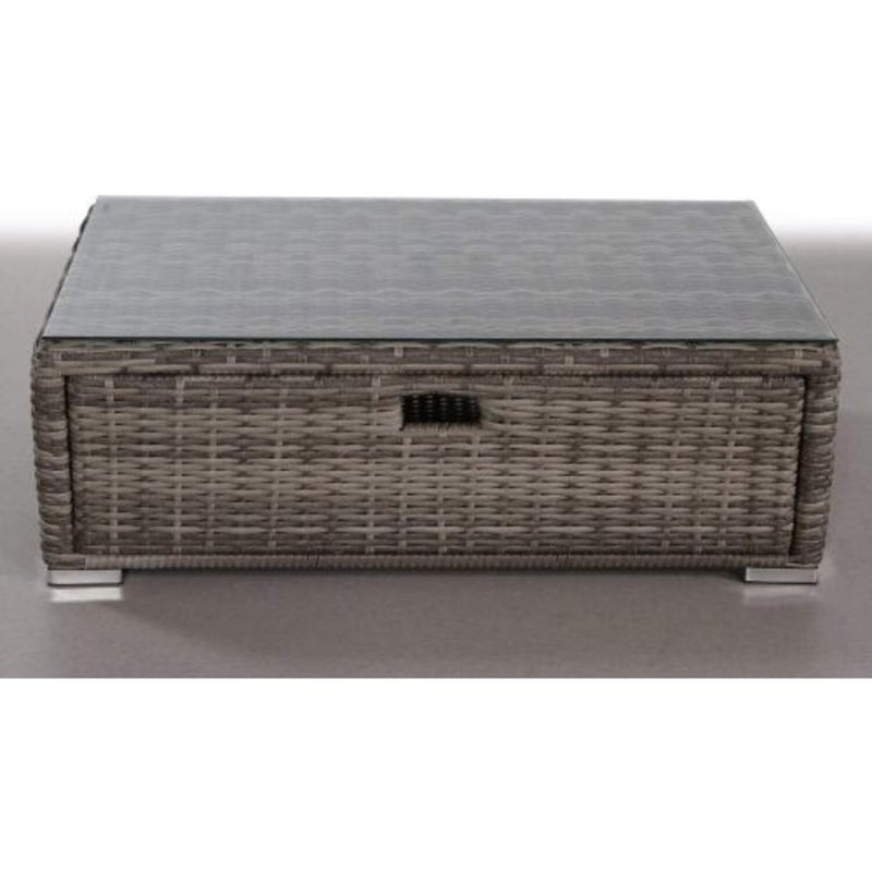 Gray glass outdoor coffee table by LSI Patio Furniture, with a sleek rectangular design and sturdy metal frame.