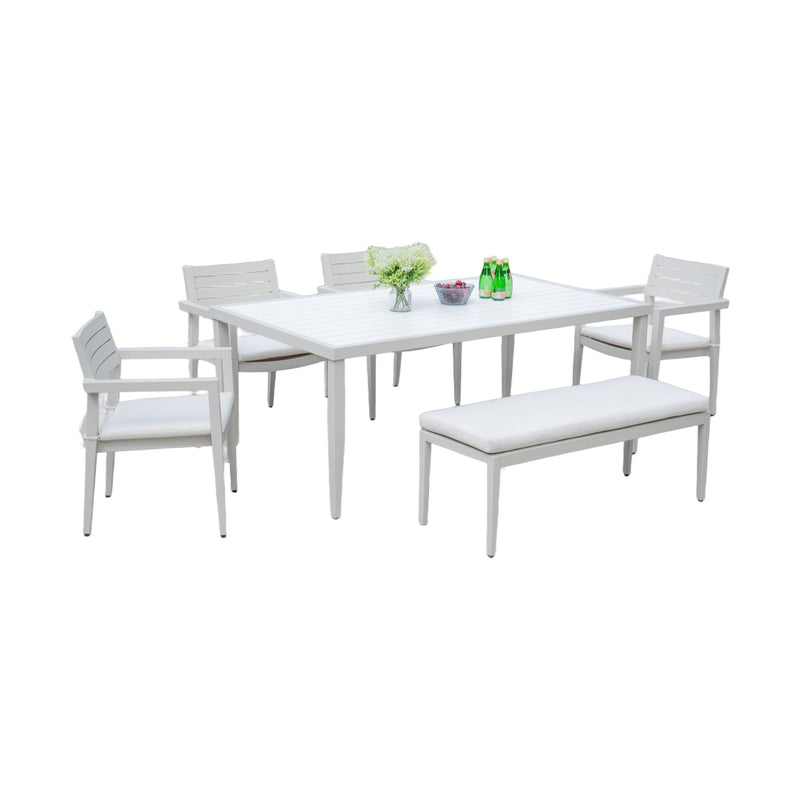 6 Piece Dining Set Outdoor Patio Furniture, 4 Dining Chairs & 1 Dining Bench Sunbrella Fabric And 2 Tone Rectangle Table With Umbrella Hole - Matte White / Grayish - R&R Furniture Gallery (Fountain Valley, CA)
