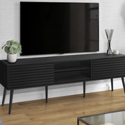 Modern black 8th Street TV stand with storage shelves and media console for living room or bedroom decor.