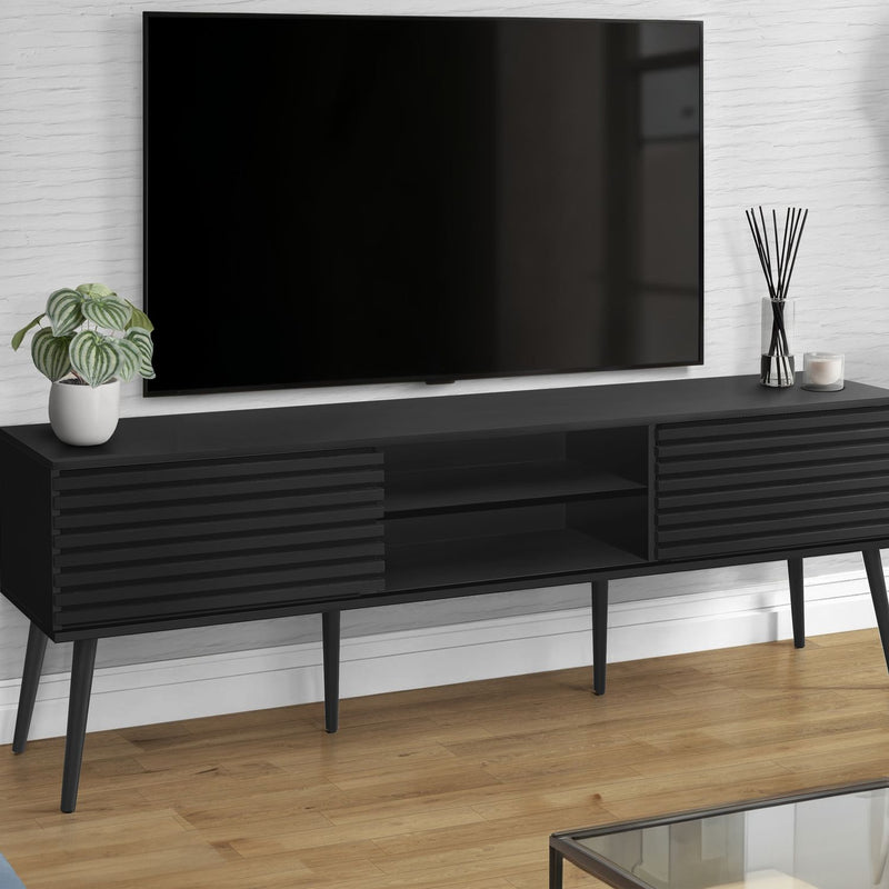 Modern black 8th Street TV stand with storage shelves and media console for living room or bedroom decor.