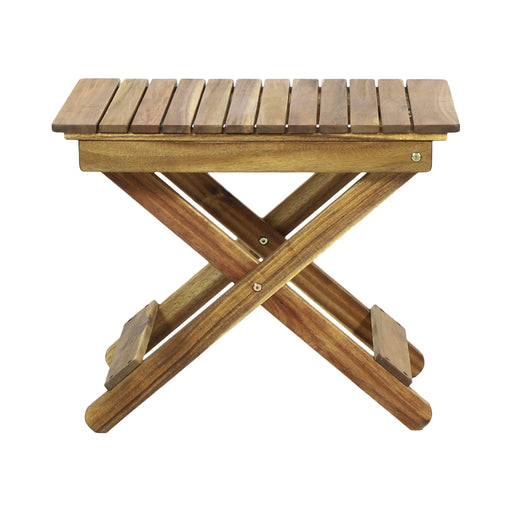 Noble House outdoor folding wooden side table with slatted top and foldable design for patio or garden use