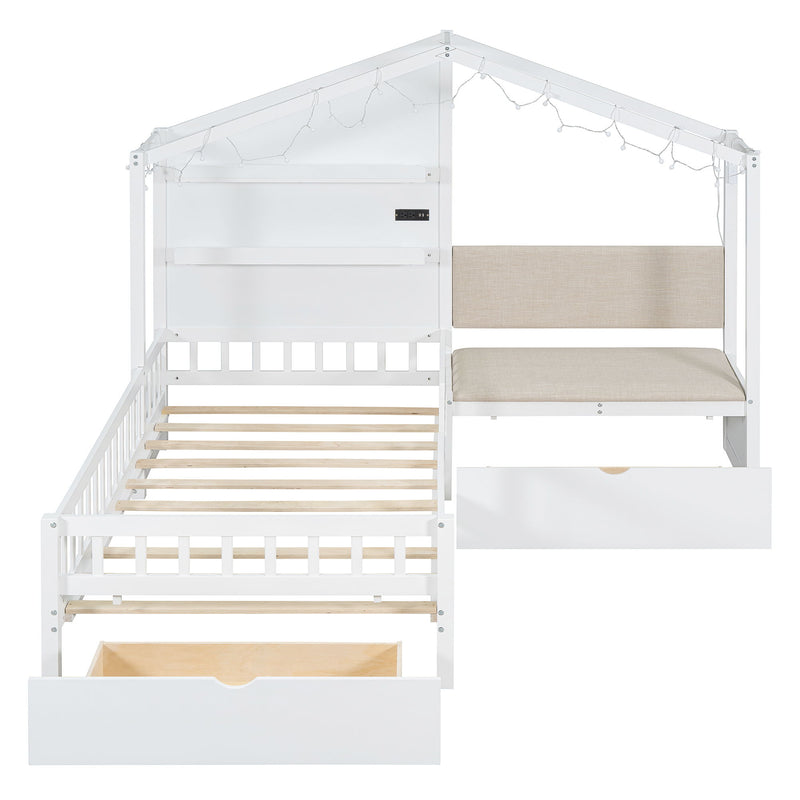 House Bed With Upholstered Sofa, Wireless Charging Station, Shelves And 2 Drawers - R&R Furniture Gallery (Fountain Valley, CA)