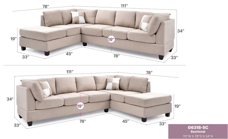 Glory Furniture Malone Comfort Stationary Sectional sofa with plush cushions and neutral fabric, designed for stylish living rooms.