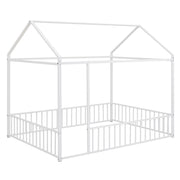 Halcyon Home metal canopy bed frame with a built-in fence, featuring a sleek metal design and sturdy structure for a cozy sleeping space.